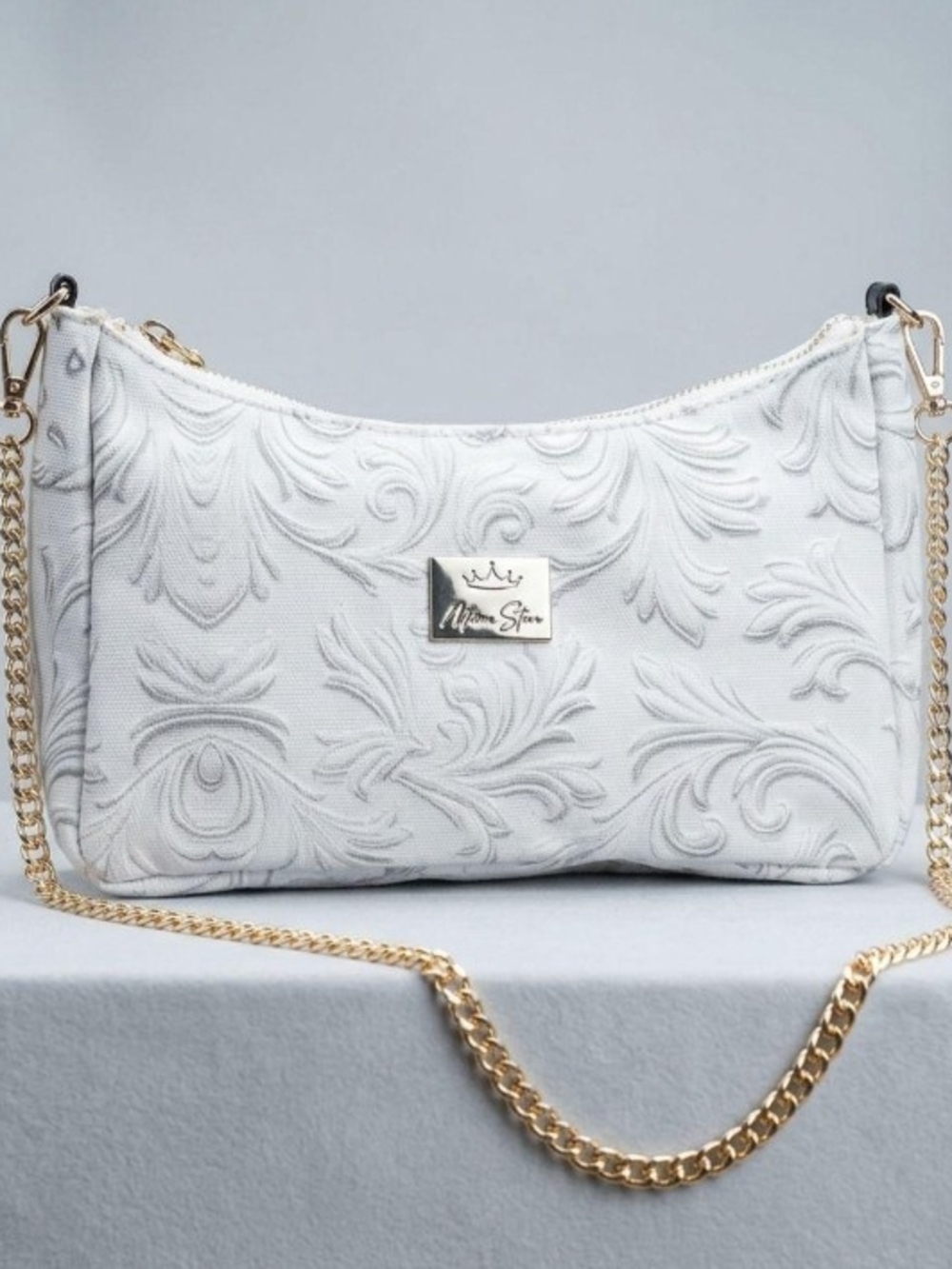 Mini White Embossed Shoulder Bag with Gold Chain